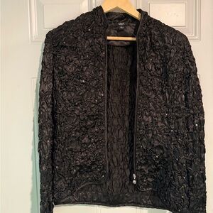 Black Textured Velvet Blazer with Open Front